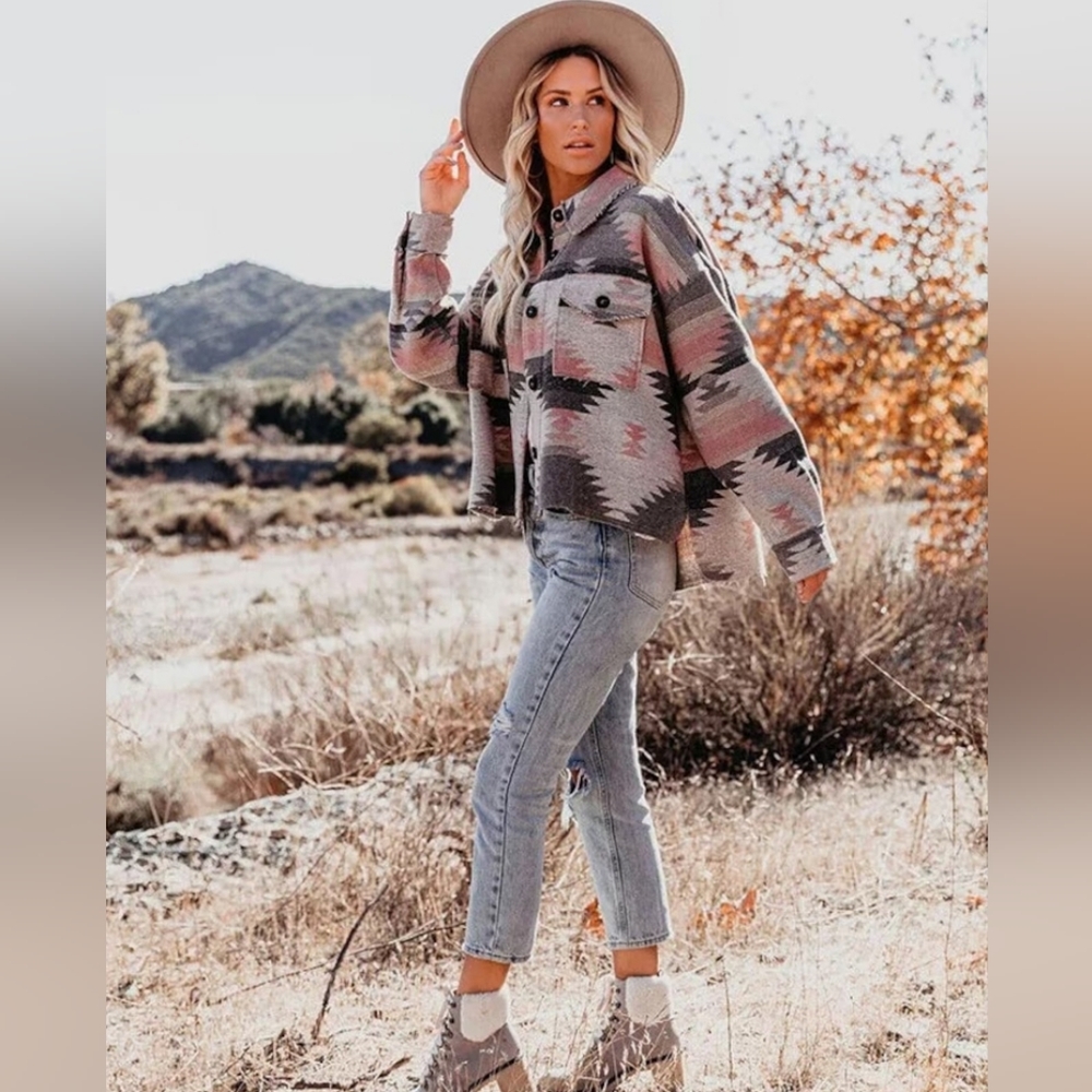 New Distressed Flannel Jacket Coat Shacket Button Up Top Gray Pink